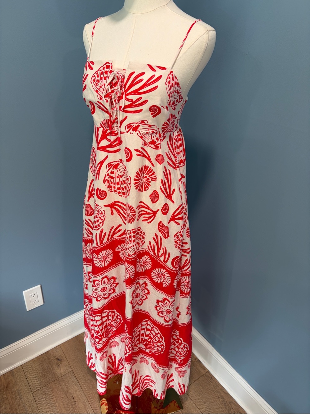 Calypso St. Barth Red White Seashell Linen Blend Maxi Dress Small Coastal NWT - Picture 2 of 11